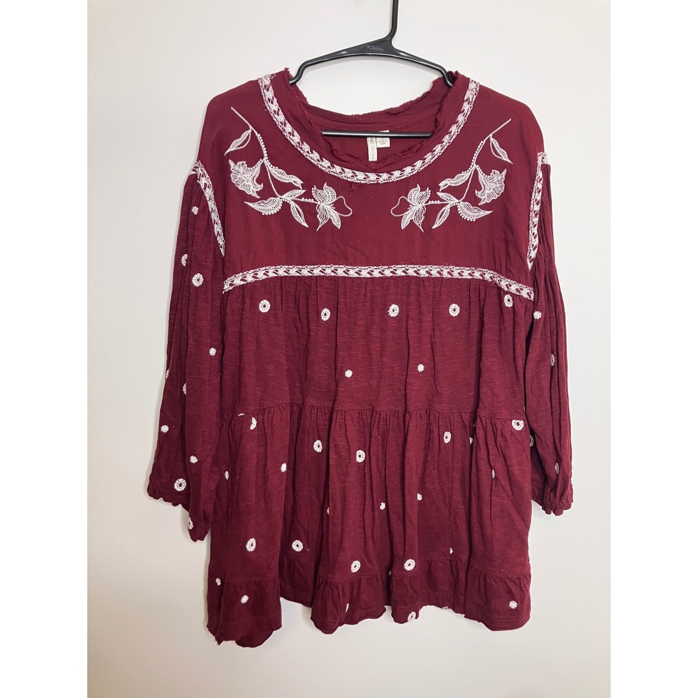 Cato Peasant Top Women L Burgundy Good Embroidered Tiered Babydoll Boho